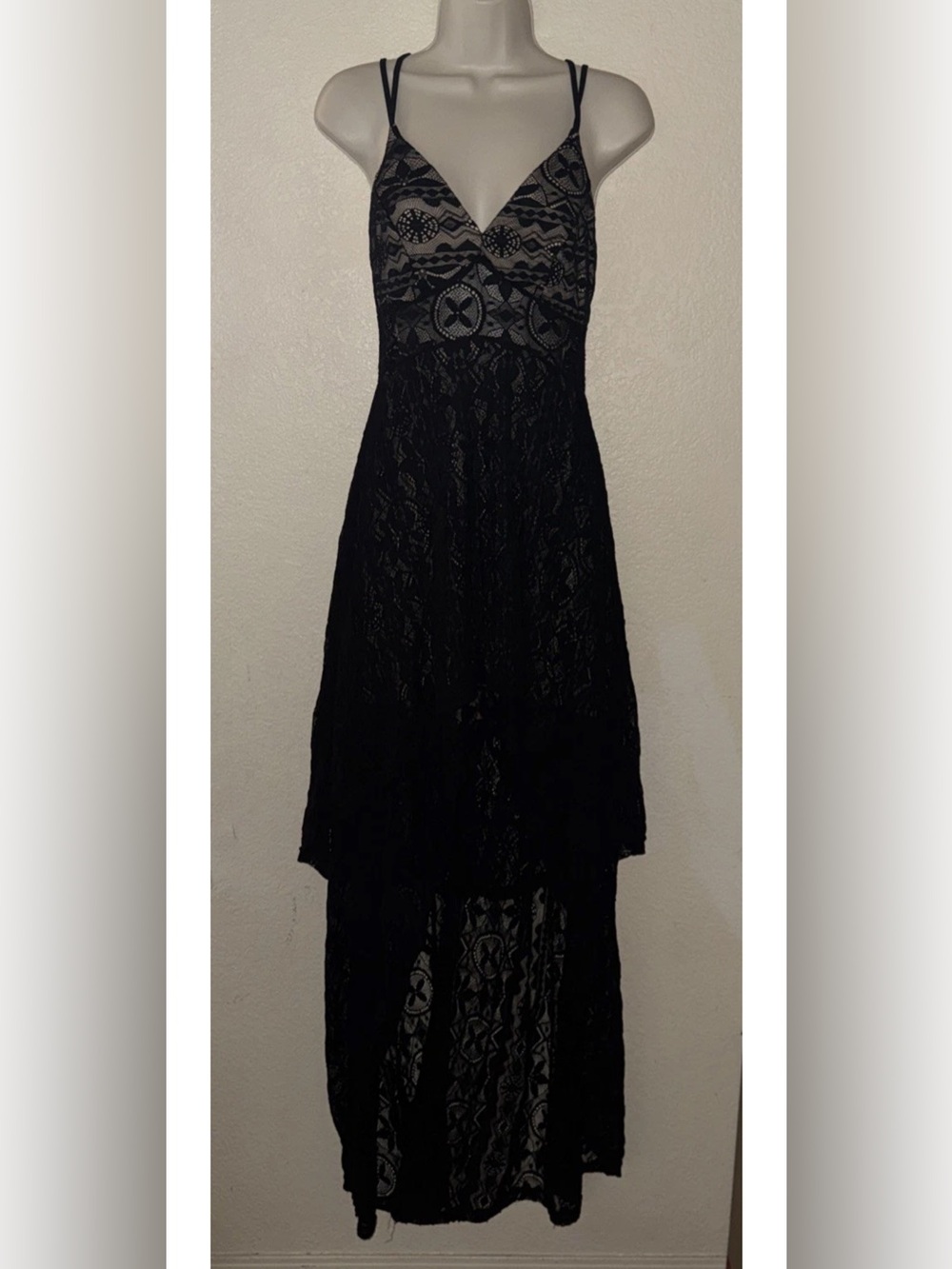 Black Lace Maxi Dress Sheer Spaghetti Straps Sexy Elegant Evening Gown Size  M